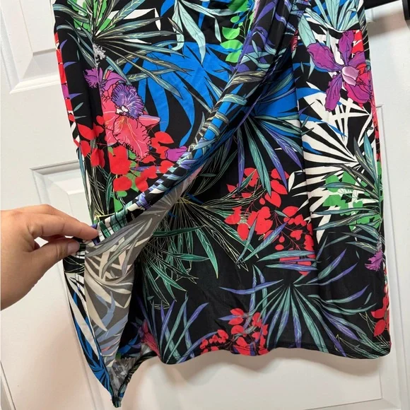 Allison Tropical Floral Leaf Print Ruched Sheath Dress Short SleeveWomen’s 38/12 - Picture 3 of 12